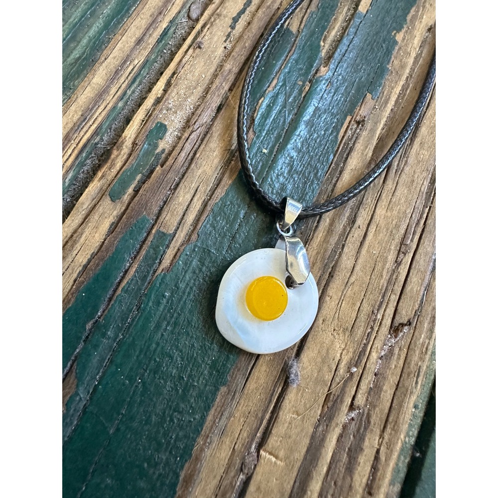 Glass Handmade Fried Egg Pendant Necklace Black Adjustable Cord Sunny Side Up